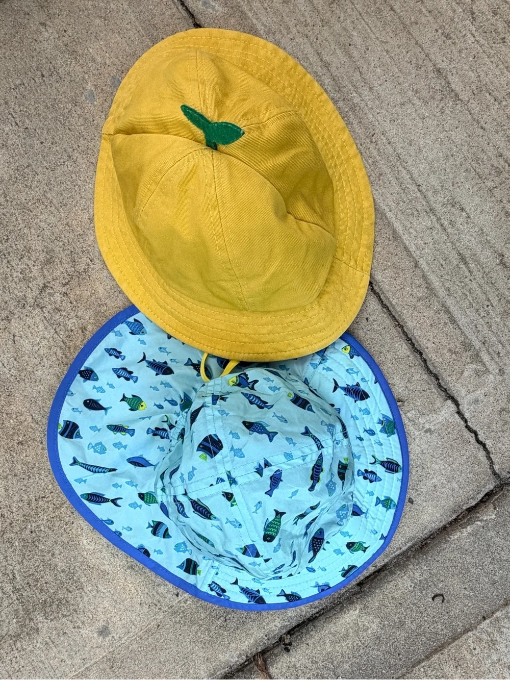 Sunday Reversible Kids Sun Hat in Yellow and Blue Fish Print and Lemon Hat